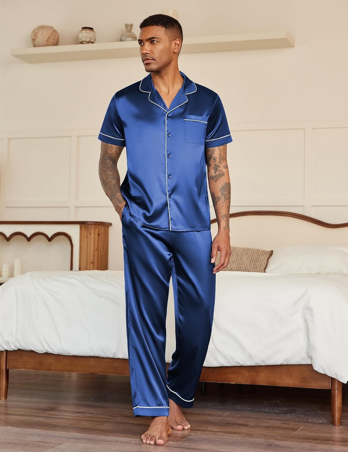 image:imageEkouaer Mens Satin Pajama Set Short Sleeve Button Down Sleepwear with PantNavy Blue