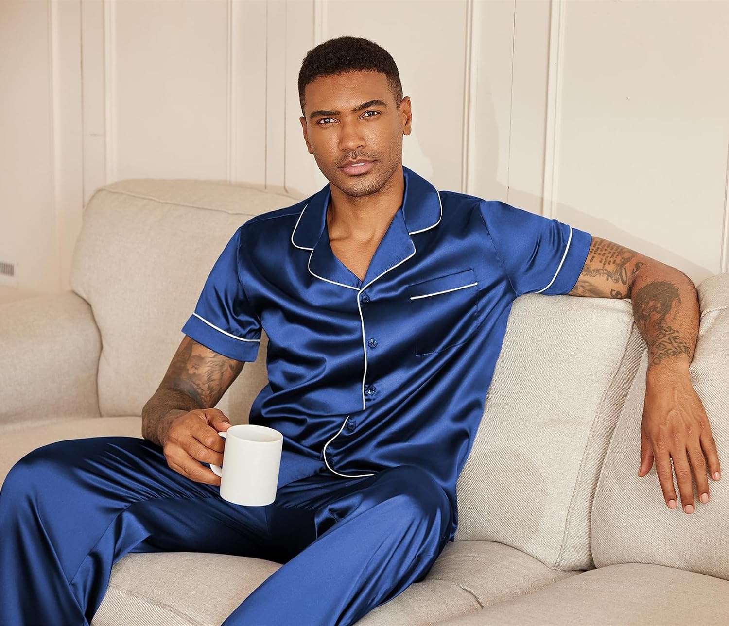 image:imageEkouaer Mens Satin Pajama Set Short Sleeve Button Down Sleepwear with PantNavy Blue