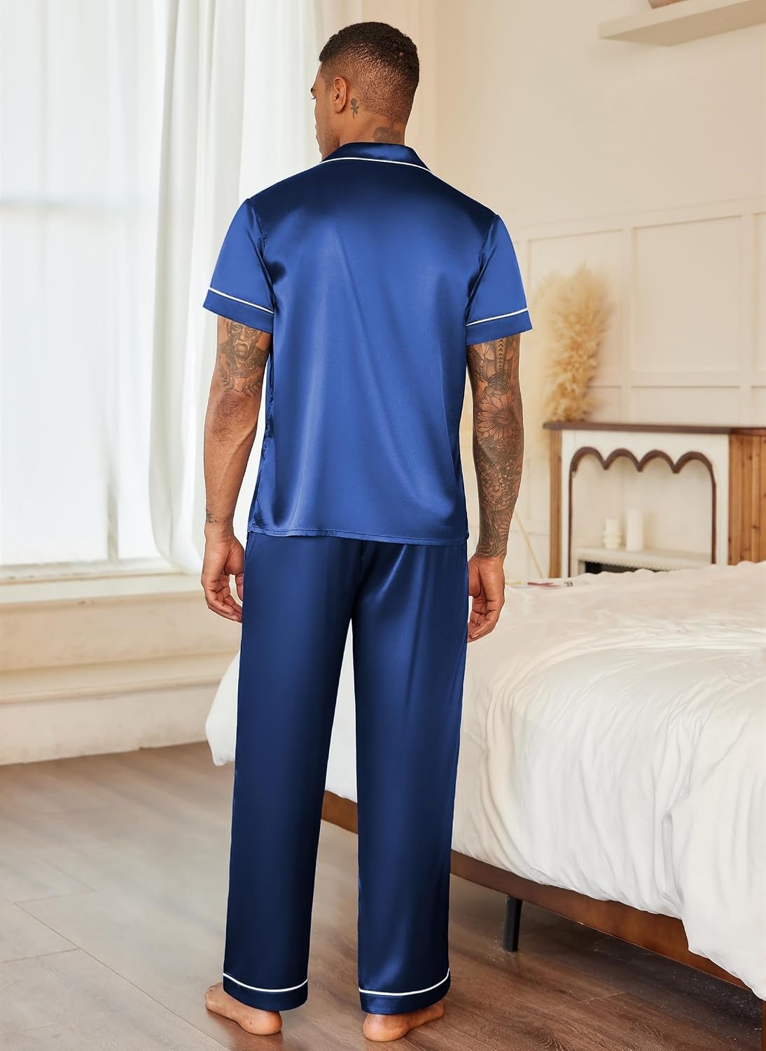 image:imageEkouaer Mens Satin Pajama Set Short Sleeve Button Down Sleepwear with PantNavy Blue