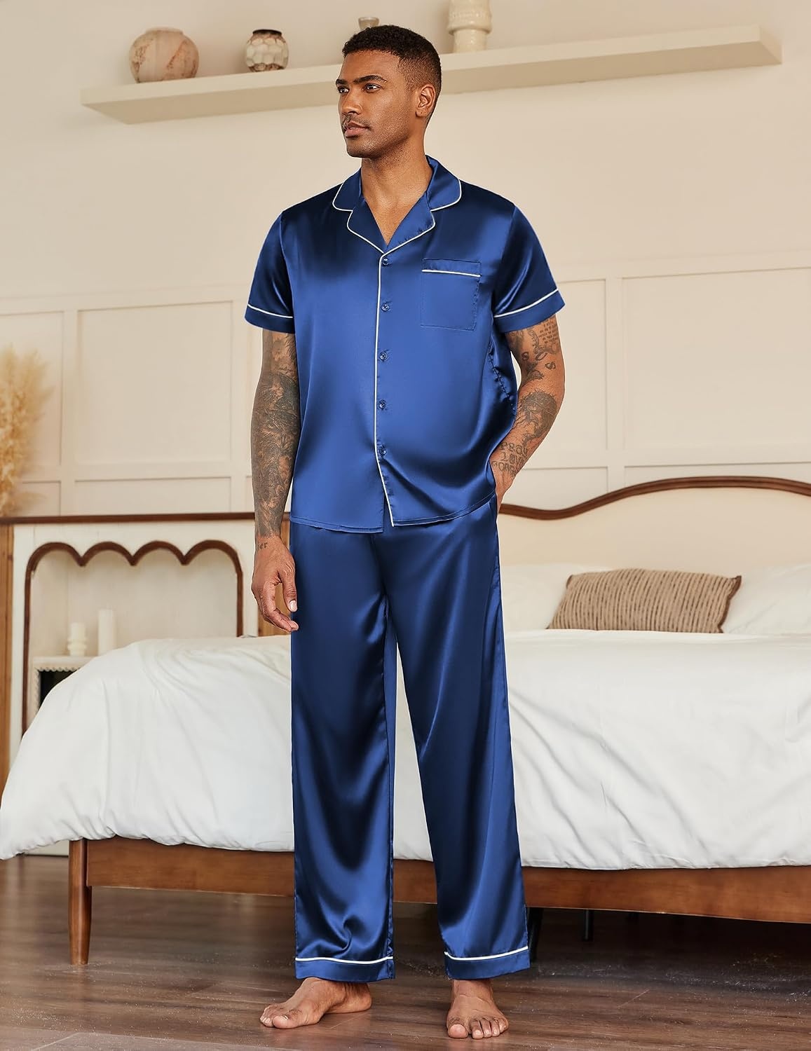 image:imageEkouaer Mens Satin Pajama Set Short Sleeve Button Down Sleepwear with PantNavy Blue