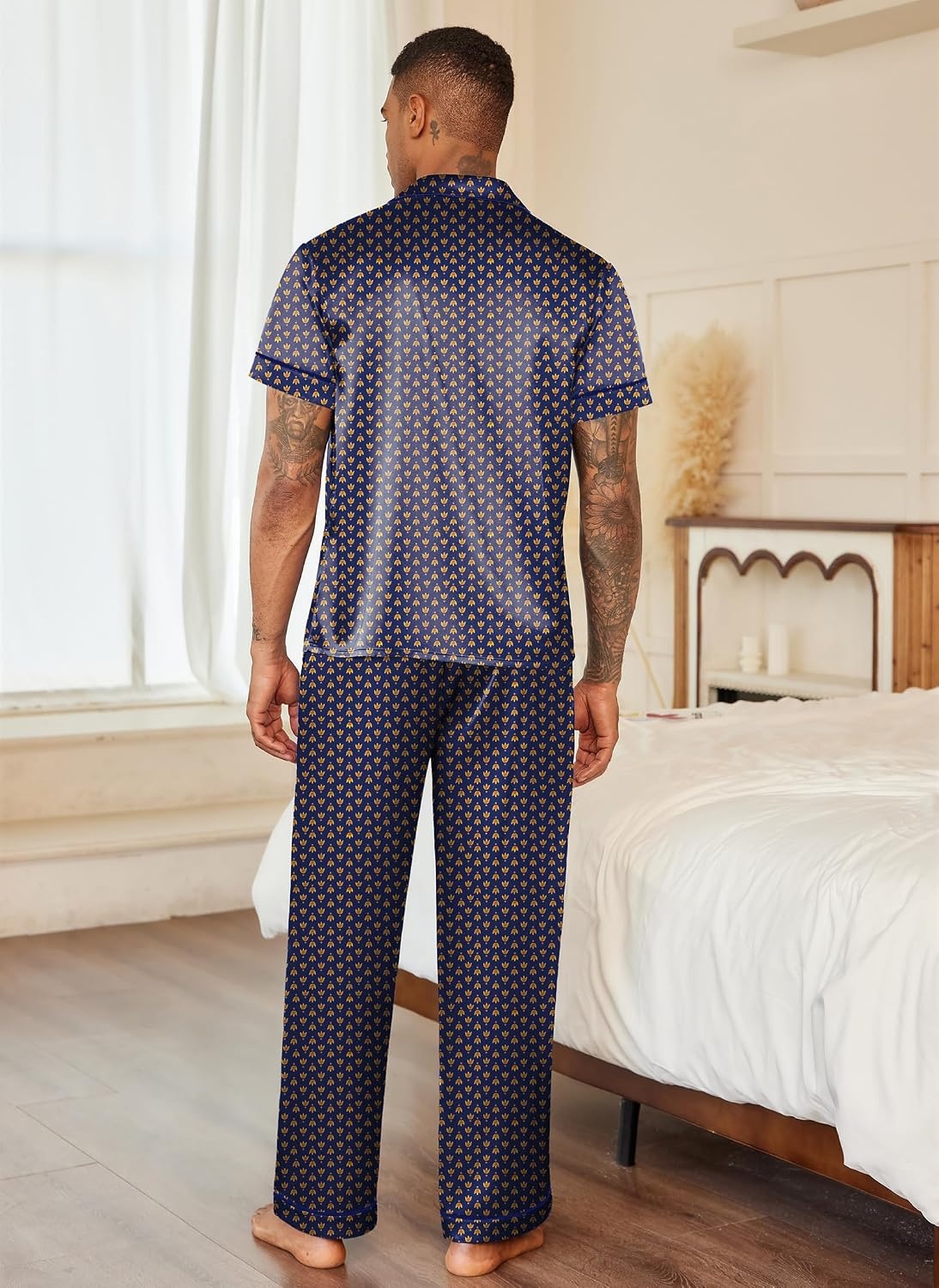 image:imageEkouaer Mens Satin Pajama Set Short Sleeve Button Down Sleepwear with PantNavy Gold