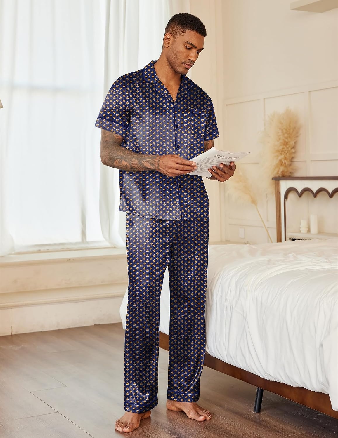 image:imageEkouaer Mens Satin Pajama Set Short Sleeve Button Down Sleepwear with PantNavy Gold