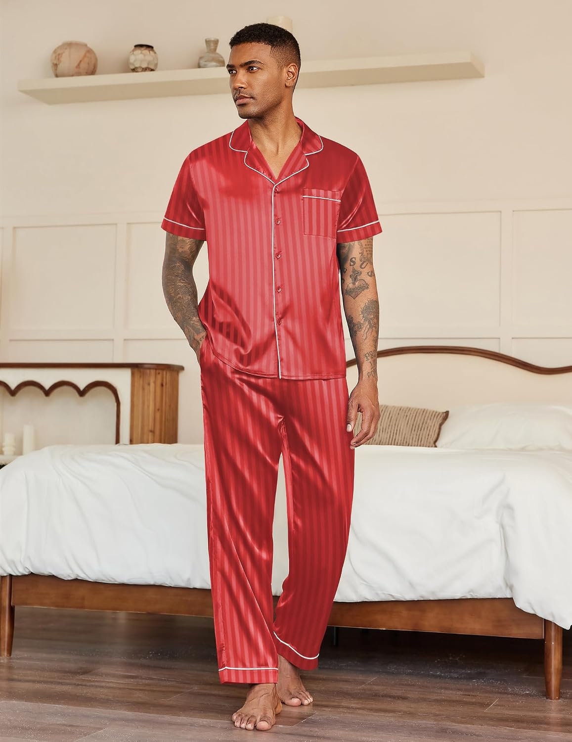 image:imageEkouaer Mens Satin Pajama Set Short Sleeve Button Down Sleepwear with PantStripesRed
