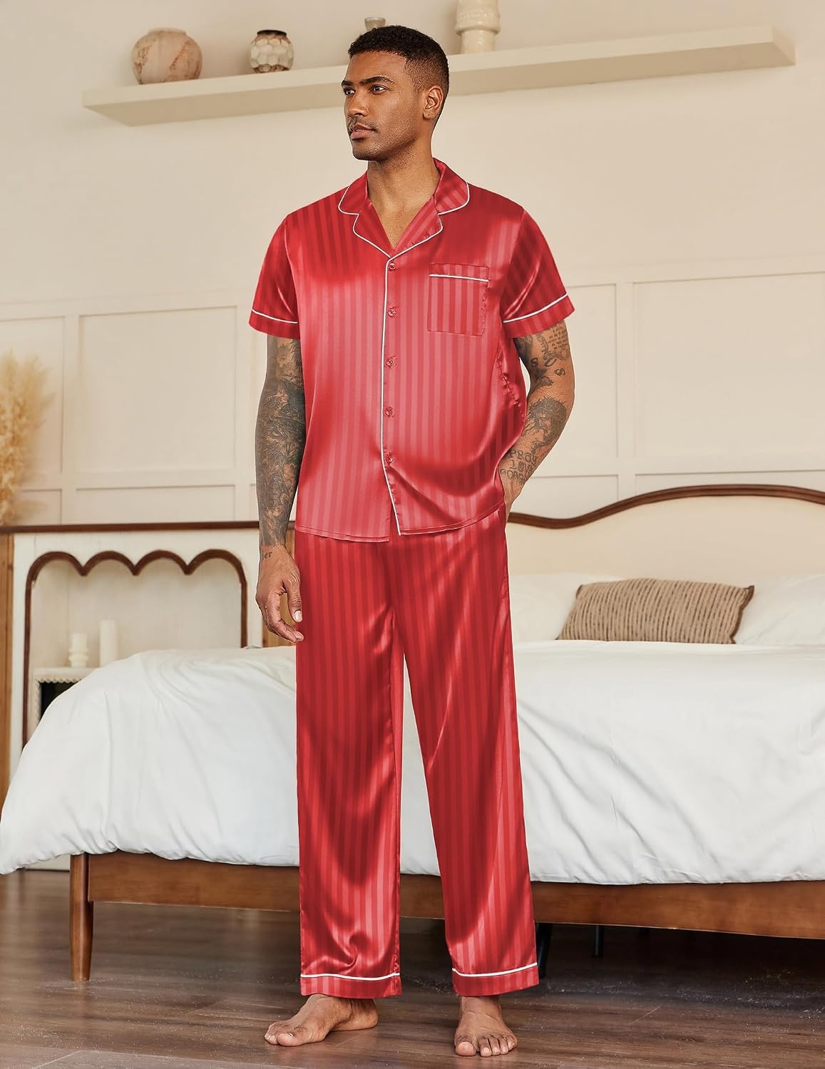 image:imageEkouaer Mens Satin Pajama Set Short Sleeve Button Down Sleepwear with PantStripesRed