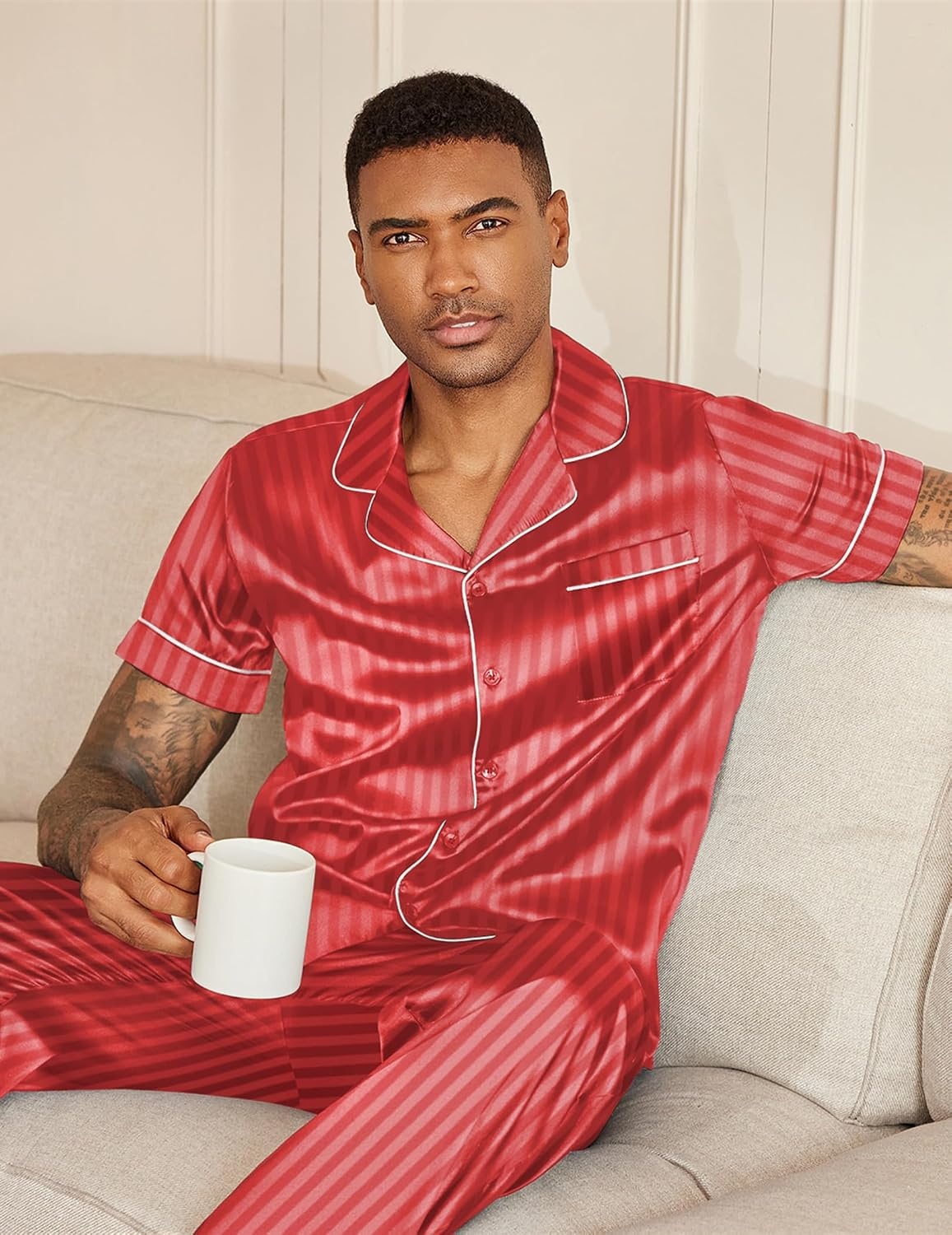 image:imageEkouaer Mens Satin Pajama Set Short Sleeve Button Down Sleepwear with PantStripesRed