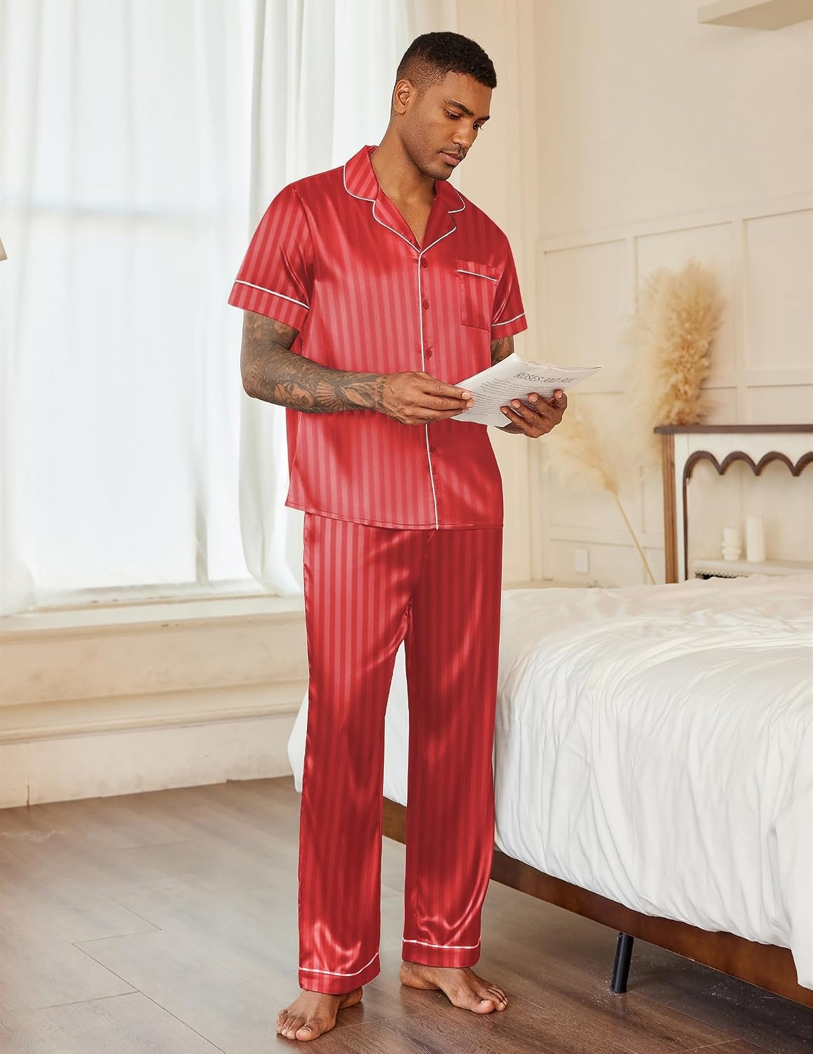 image:imageEkouaer Mens Satin Pajama Set Short Sleeve Button Down Sleepwear with PantStripesRed