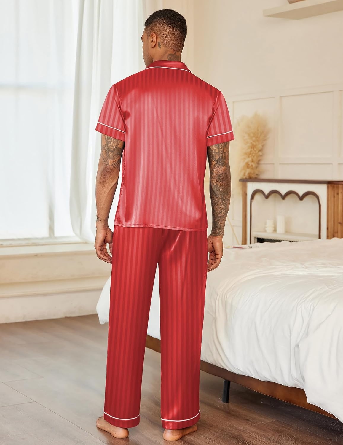 image:imageEkouaer Mens Satin Pajama Set Short Sleeve Button Down Sleepwear with PantStripesRed