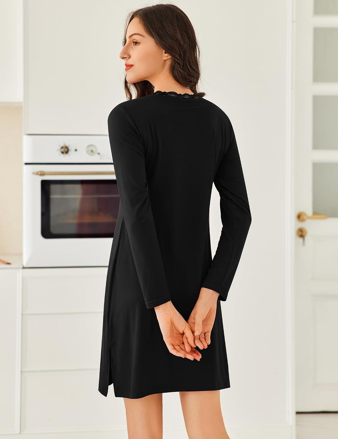 image:imageEkouaer Nightgowns for Women Long Sleeve Sleep Shirt Sexy Lace Night ShirtBlack