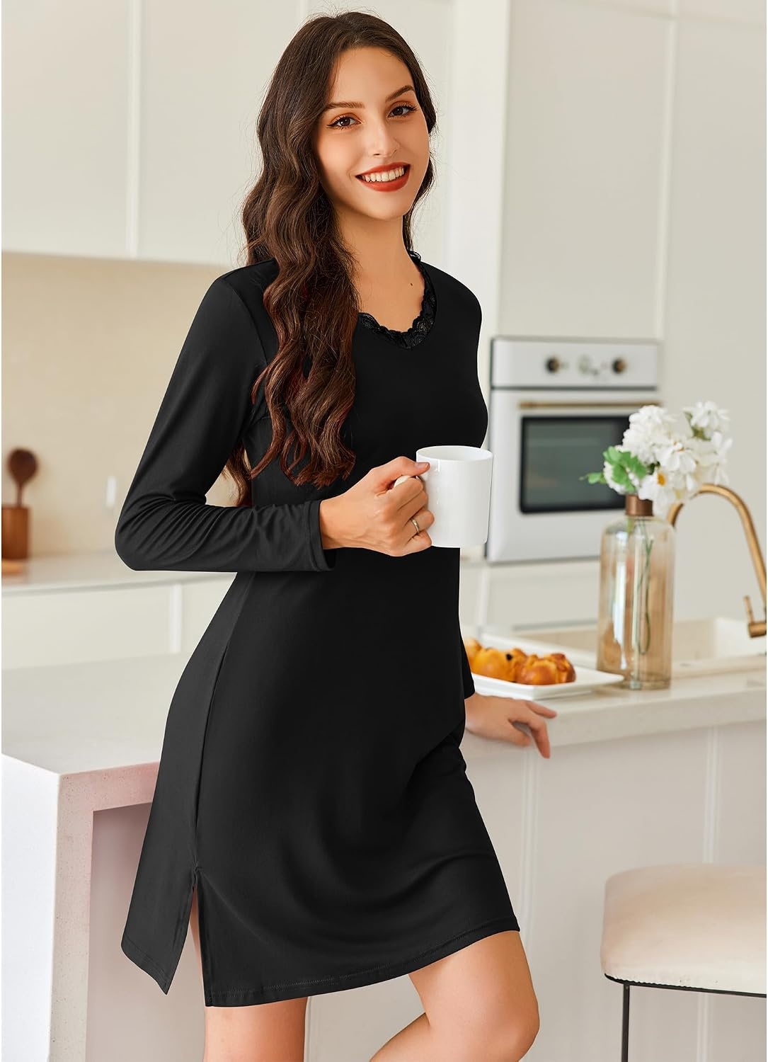 image:imageEkouaer Nightgowns for Women Long Sleeve Sleep Shirt Sexy Lace Night ShirtBlack