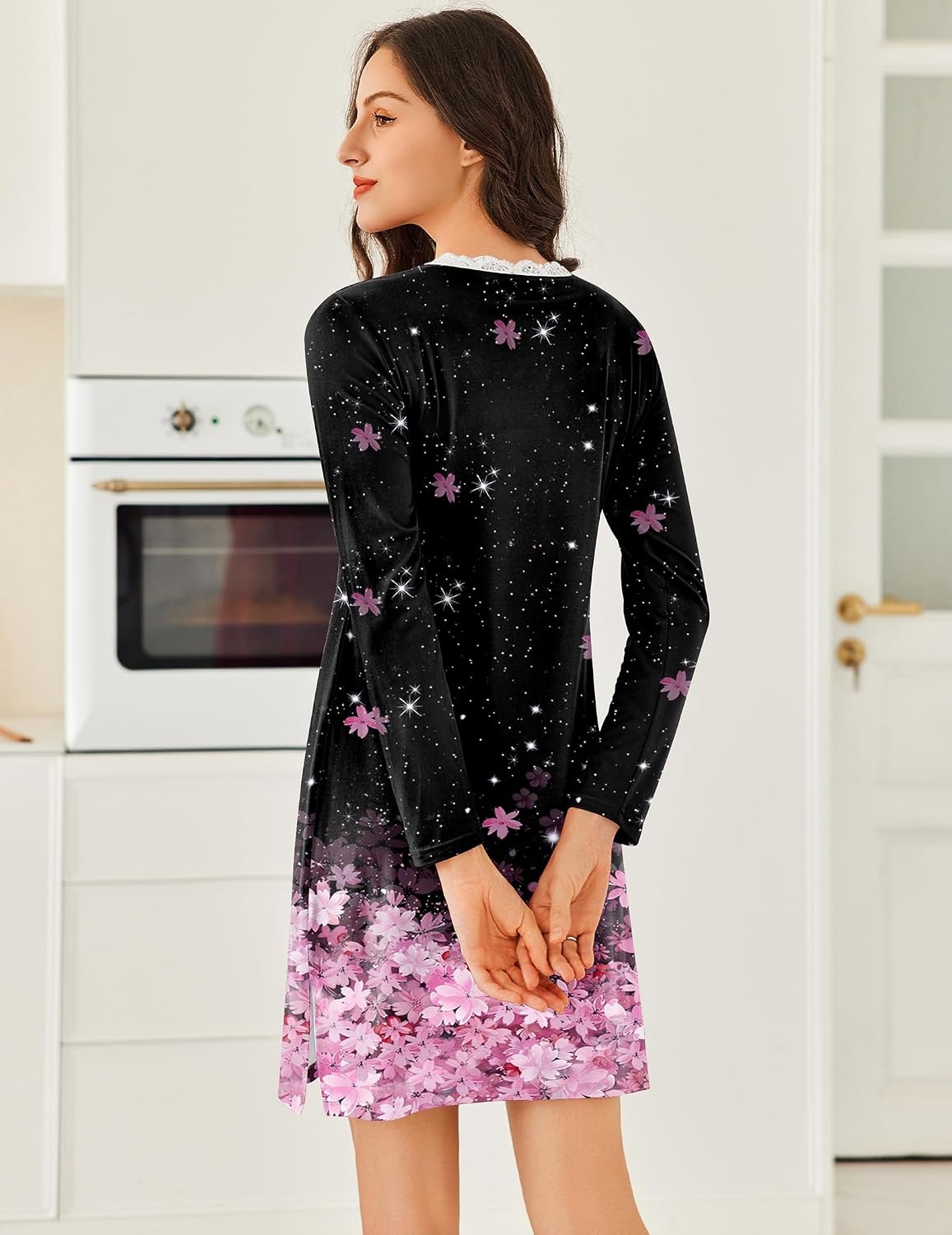 image:imageEkouaer Nightgowns for Women Long Sleeve Sleep Shirt Sexy Lace Night ShirtBlack Sakura