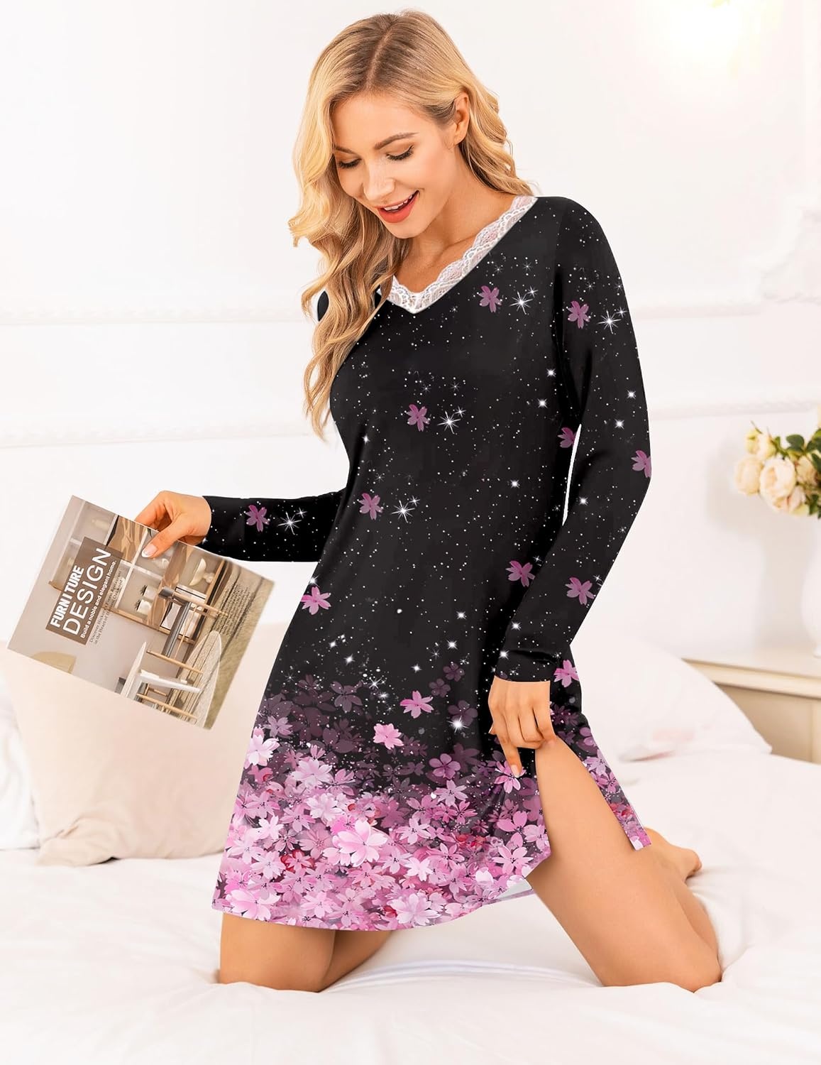 image:imageEkouaer Nightgowns for Women Long Sleeve Sleep Shirt Sexy Lace Night ShirtBlack Sakura