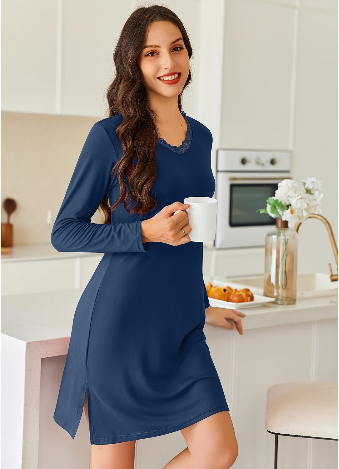 image:imageEkouaer Nightgowns for Women Long Sleeve Sleep Shirt Sexy Lace Night ShirtBlue Green