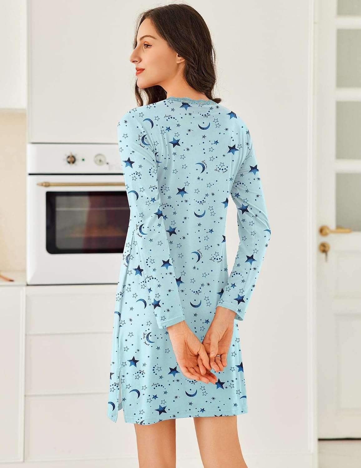 image:imageEkouaer Nightgowns for Women Long Sleeve Sleep Shirt Sexy Lace Night ShirtBlue Planet