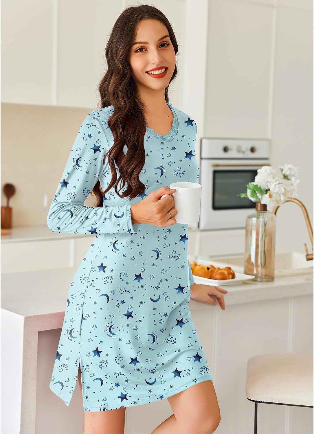 image:imageEkouaer Nightgowns for Women Long Sleeve Sleep Shirt Sexy Lace Night ShirtBlue Planet