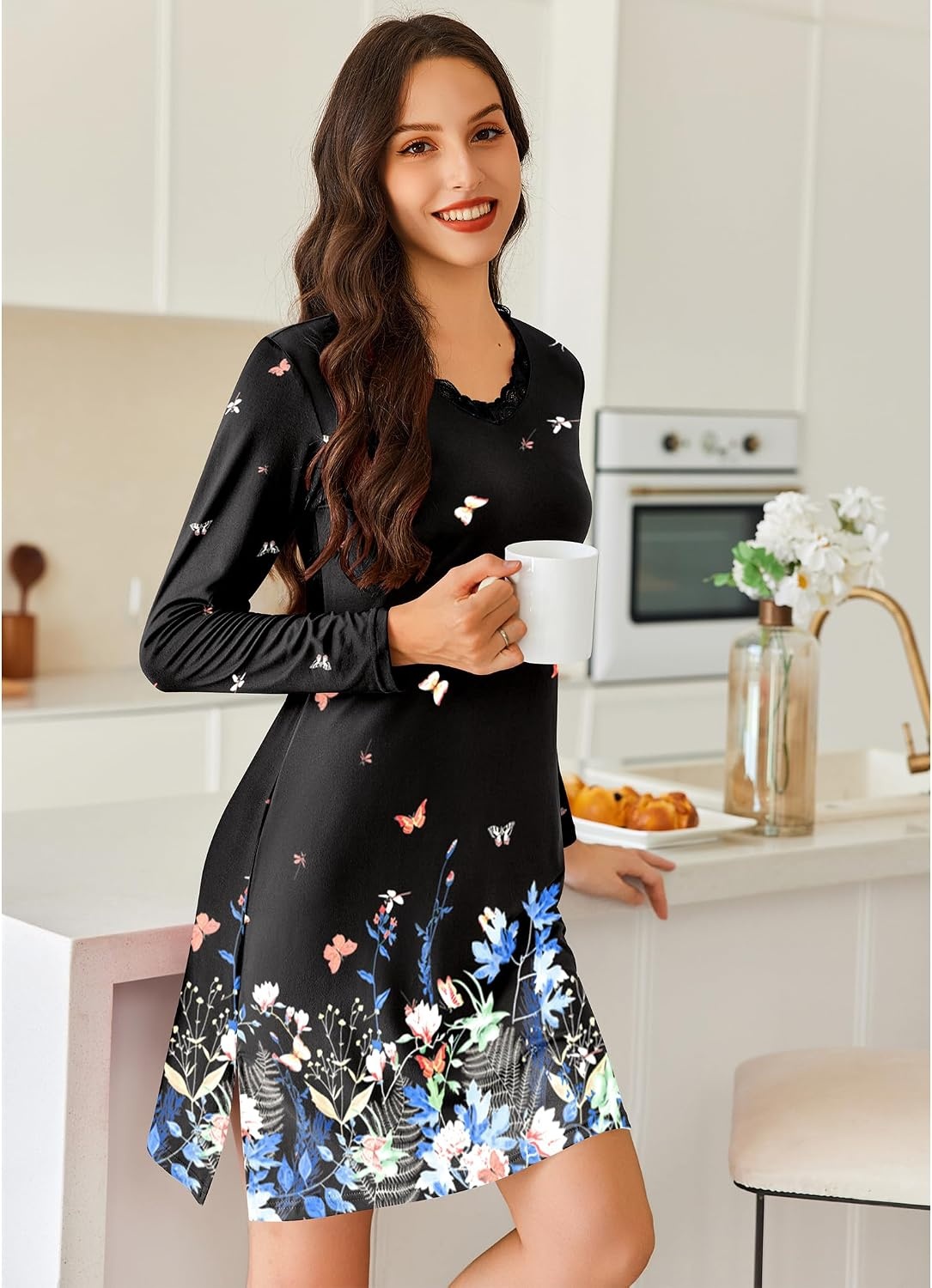 image:imageEkouaer Nightgowns for Women Long Sleeve Sleep Shirt Sexy Lace Night ShirtButterfly Flowers