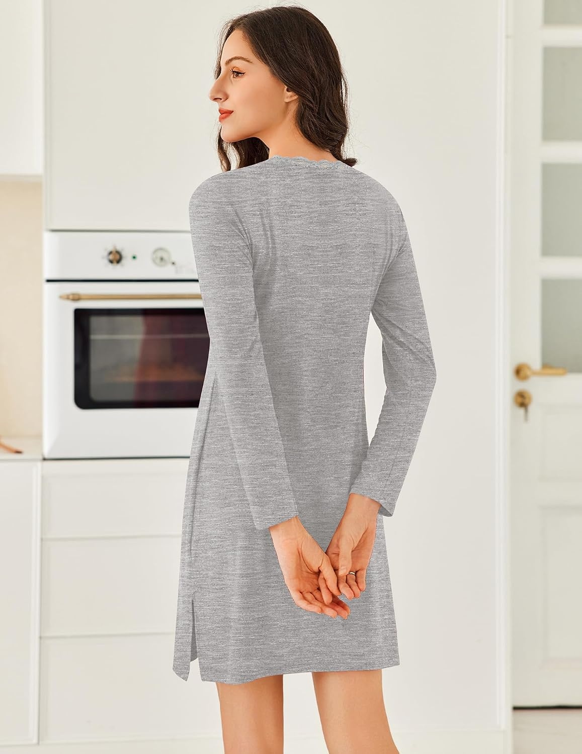 image:imageEkouaer Nightgowns for Women Long Sleeve Sleep Shirt Sexy Lace Night ShirtGrey