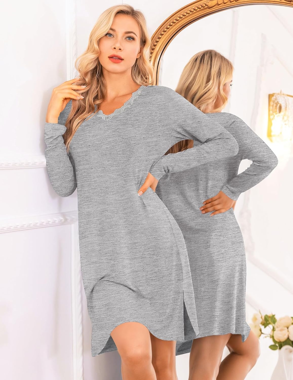 image:imageEkouaer Nightgowns for Women Long Sleeve Sleep Shirt Sexy Lace Night ShirtGrey