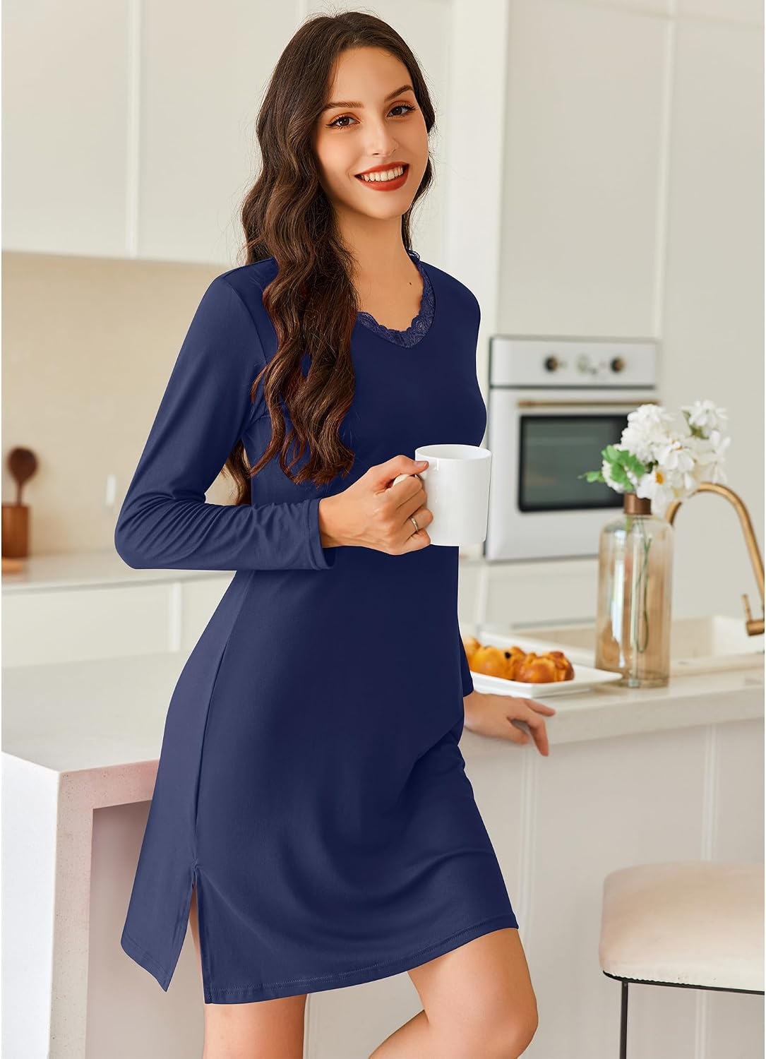 image:imageEkouaer Nightgowns for Women Long Sleeve Sleep Shirt Sexy Lace Night ShirtNavy Blue