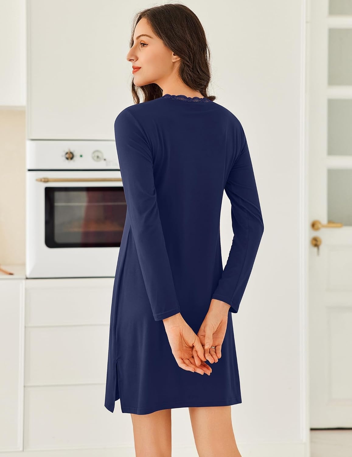 image:imageEkouaer Nightgowns for Women Long Sleeve Sleep Shirt Sexy Lace Night ShirtNavy Blue