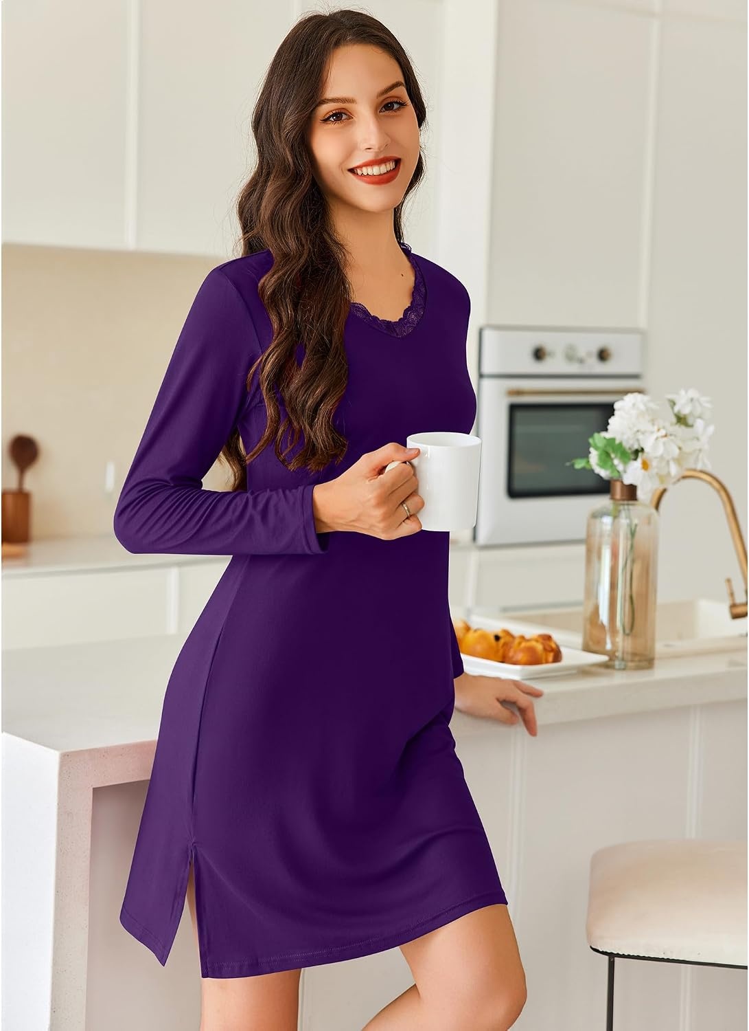 image:imageEkouaer Nightgowns for Women Long Sleeve Sleep Shirt Sexy Lace Night ShirtPurple