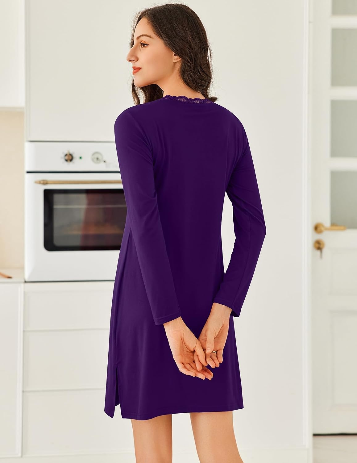 image:imageEkouaer Nightgowns for Women Long Sleeve Sleep Shirt Sexy Lace Night ShirtPurple