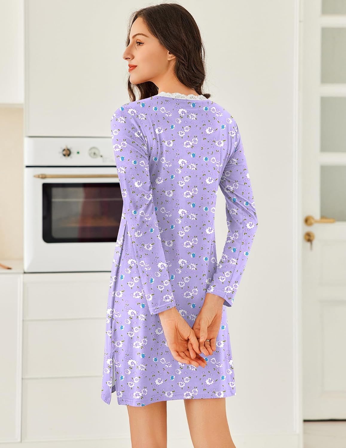 image:imageEkouaer Nightgowns for Women Long Sleeve Sleep Shirt Sexy Lace Night ShirtPurple Flowers
