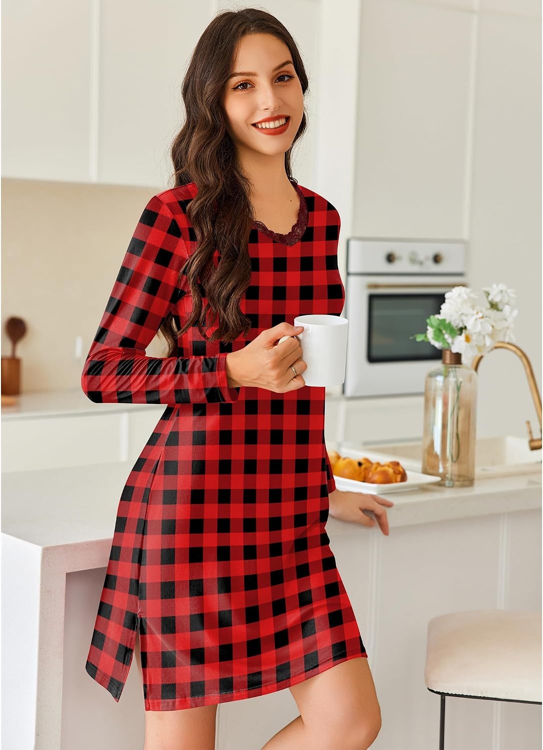 image:imageEkouaer Nightgowns for Women Long Sleeve Sleep Shirt Sexy Lace Night ShirtRed Black Plaid