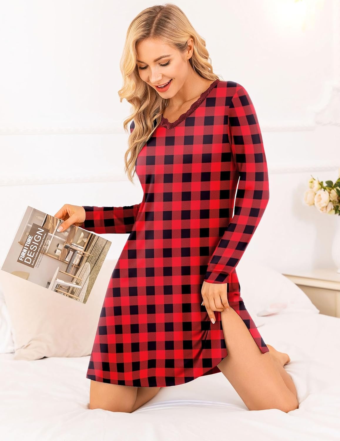 image:imageEkouaer Nightgowns for Women Long Sleeve Sleep Shirt Sexy Lace Night ShirtRed Black Plaid