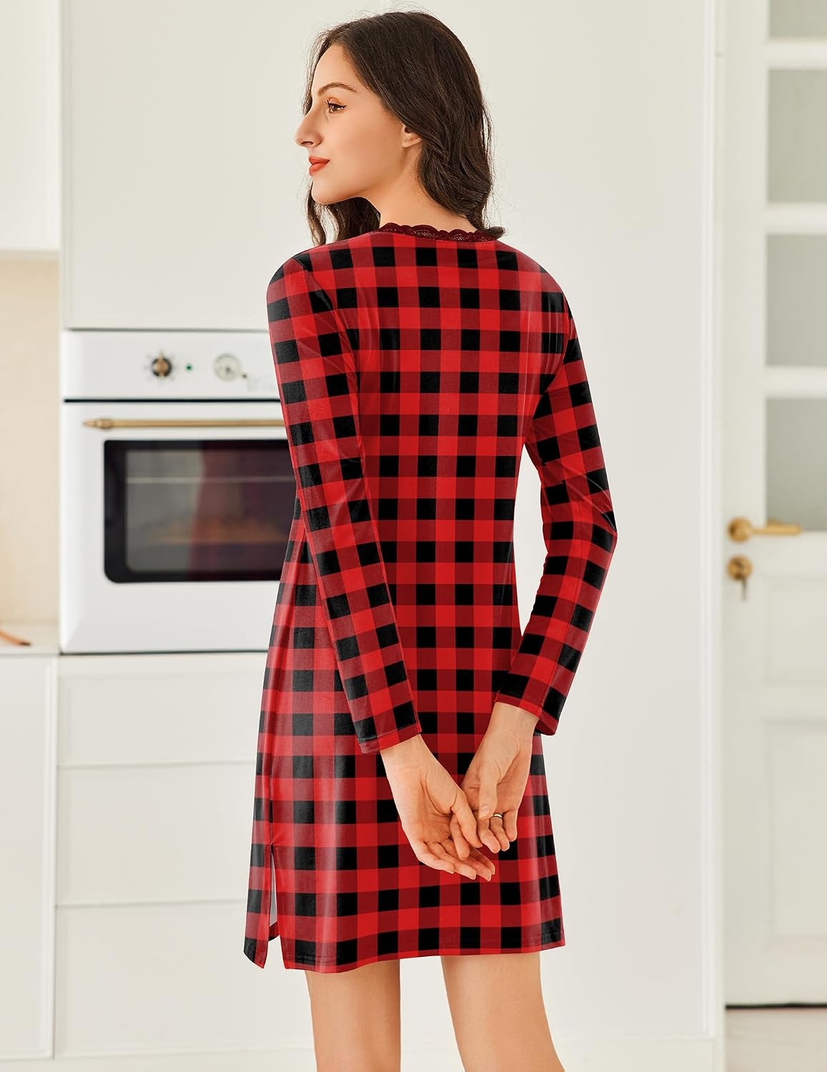 image:imageEkouaer Nightgowns for Women Long Sleeve Sleep Shirt Sexy Lace Night ShirtRed Black Plaid