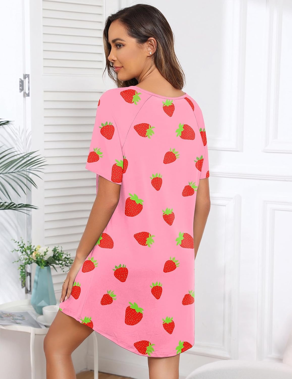 image:imageEkouaer Nightgowns for Women Short Sleeve Sleep Shirts Pullover NightshirtPink Strawberry