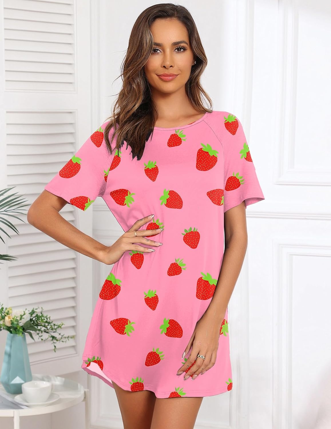 image:imageEkouaer Nightgowns for Women Short Sleeve Sleep Shirts Pullover NightshirtPink Strawberry
