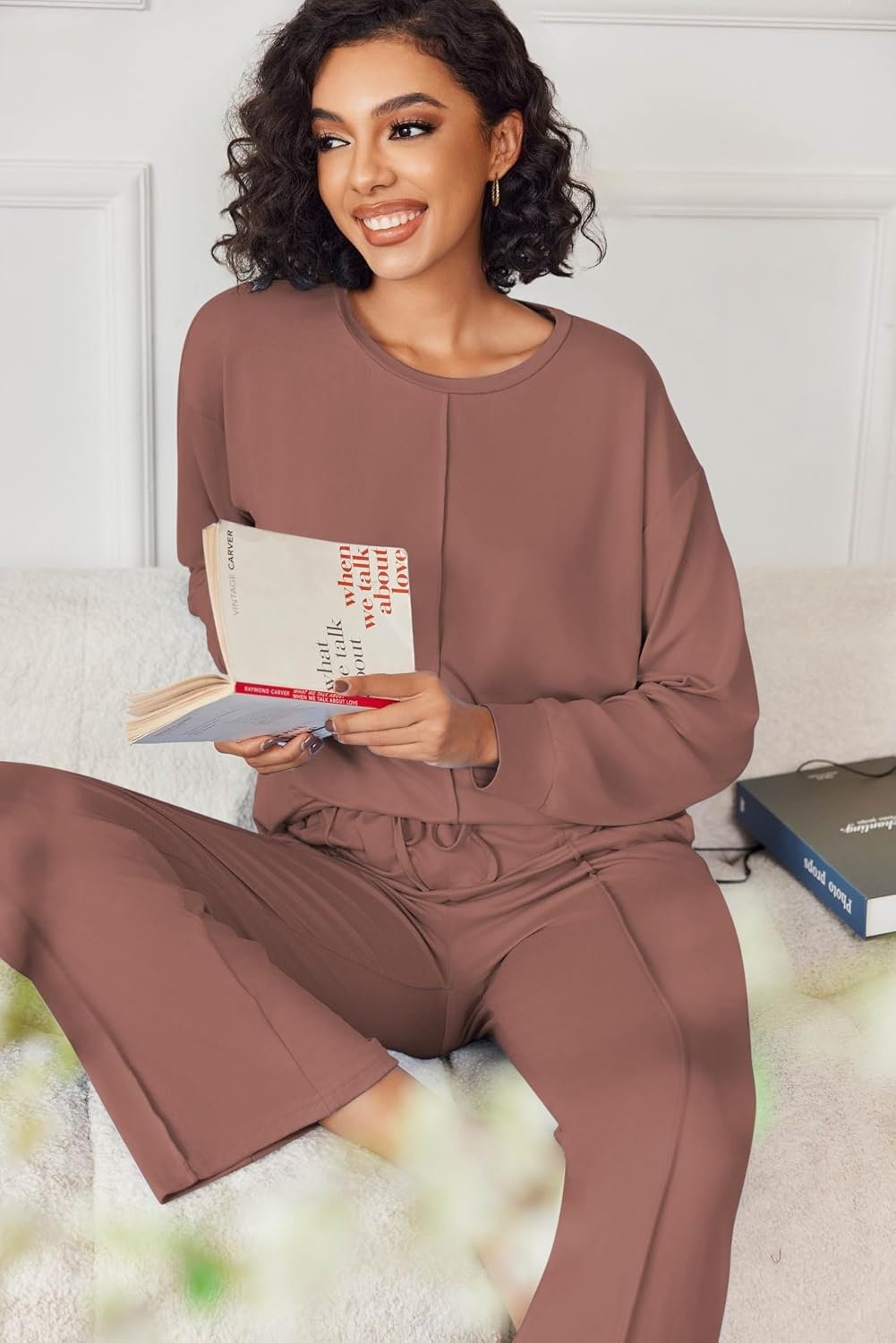 image:imageEkouaer Pajama Sets Women 2 Piece Long Sleeve Sleepwear Cozy Pjs LoungewearBrown
