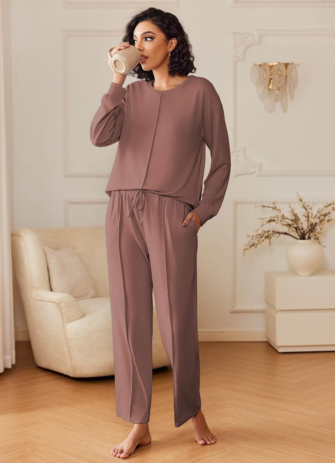 image:imageEkouaer Pajama Sets Women 2 Piece Long Sleeve Sleepwear Cozy Pjs LoungewearBrown