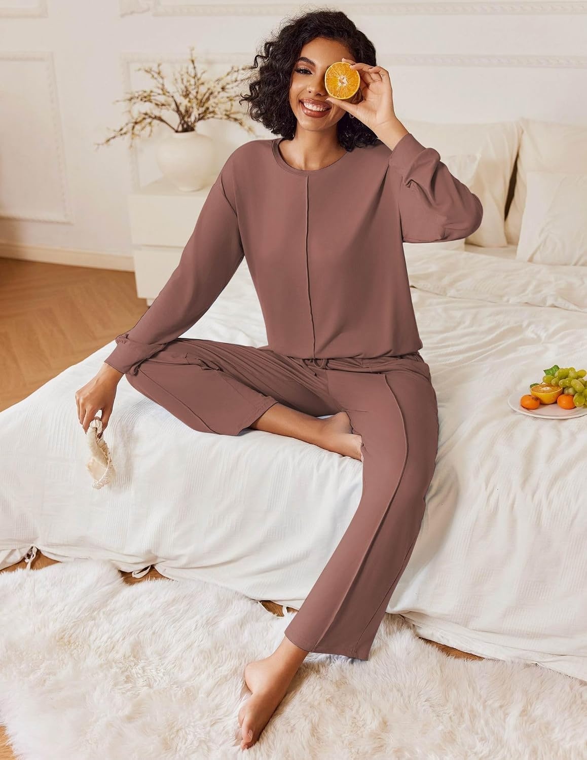 image:imageEkouaer Pajama Sets Women 2 Piece Long Sleeve Sleepwear Cozy Pjs LoungewearBrown