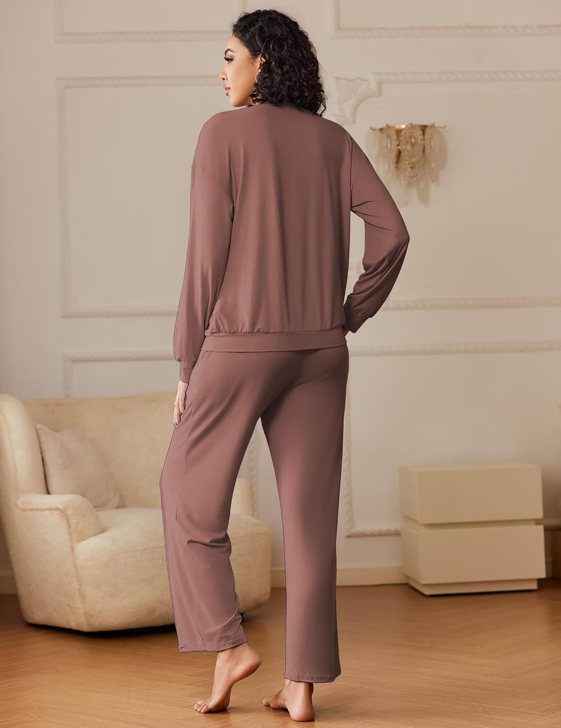 image:imageEkouaer Pajama Sets Women 2 Piece Long Sleeve Sleepwear Cozy Pjs LoungewearBrown
