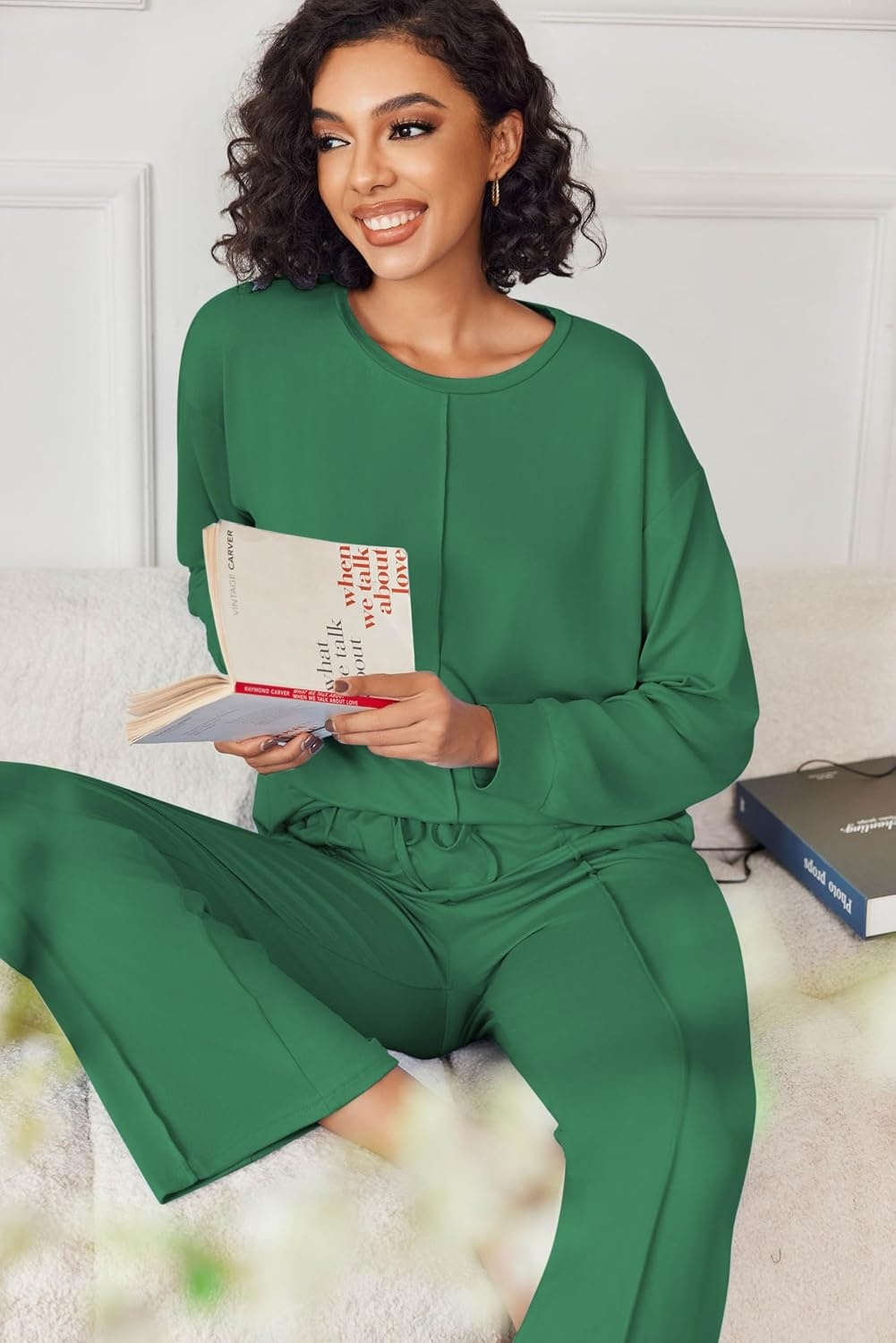 image:imageEkouaer Pajama Sets Women 2 Piece Long Sleeve Sleepwear Cozy Pjs LoungewearDark Green