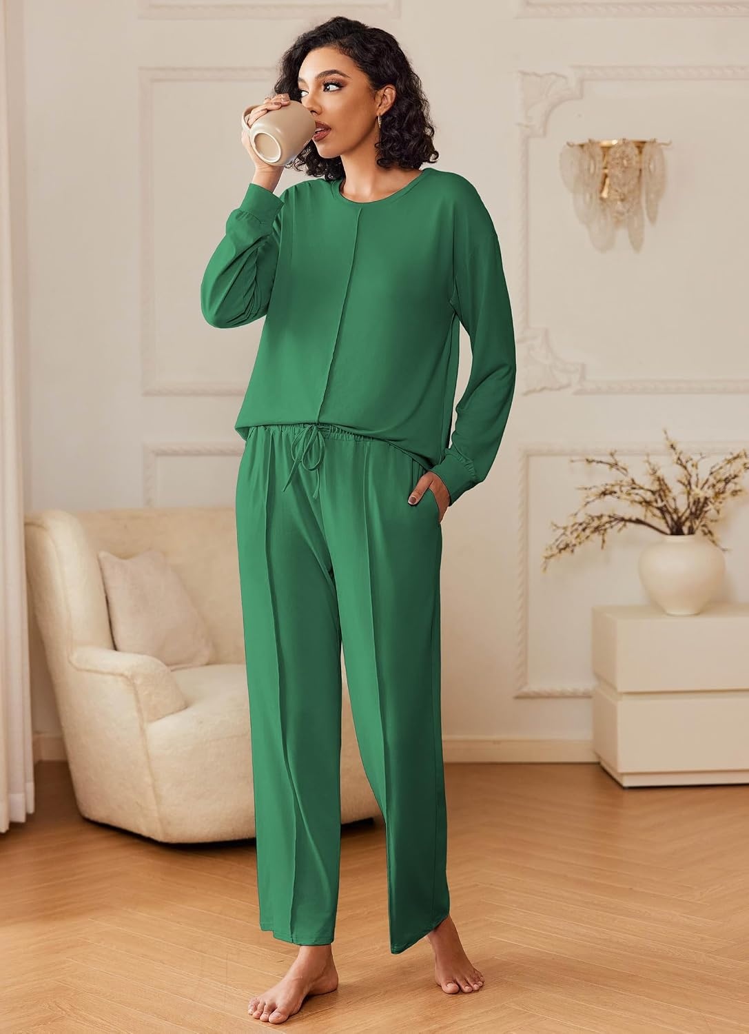 image:imageEkouaer Pajama Sets Women 2 Piece Long Sleeve Sleepwear Cozy Pjs LoungewearDark Green