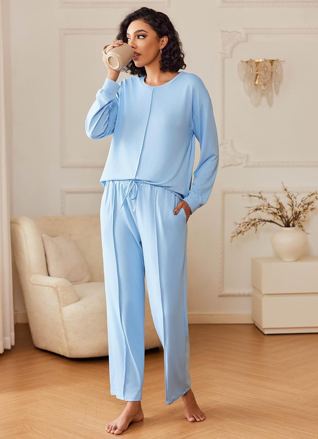 image:imageEkouaer Pajama Sets Women 2 Piece Long Sleeve Sleepwear Cozy Pjs LoungewearLight Blue