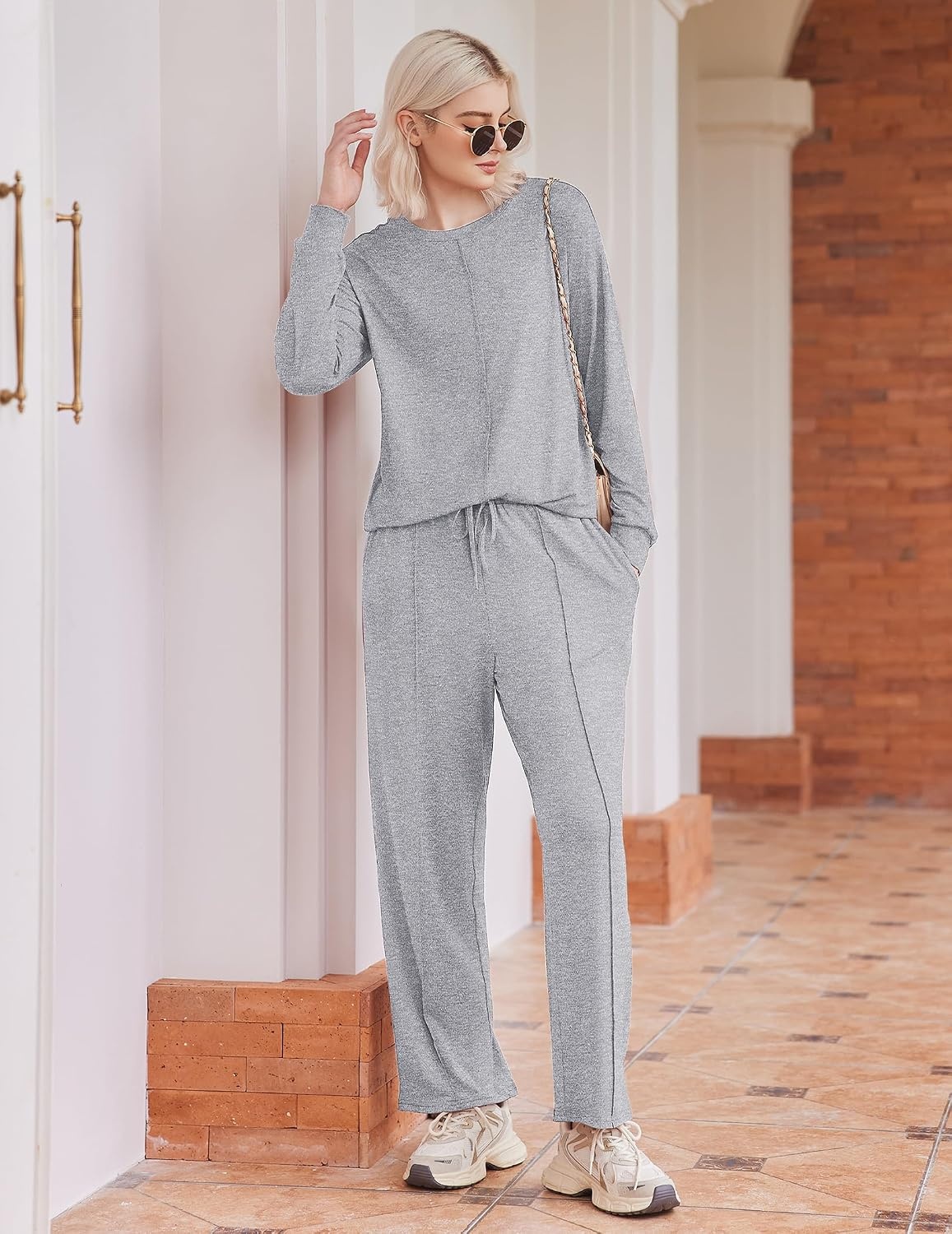 image:imageEkouaer Pajama Sets Women 2 Piece Long Sleeve Sleepwear Cozy Pjs LoungewearLight Grey
