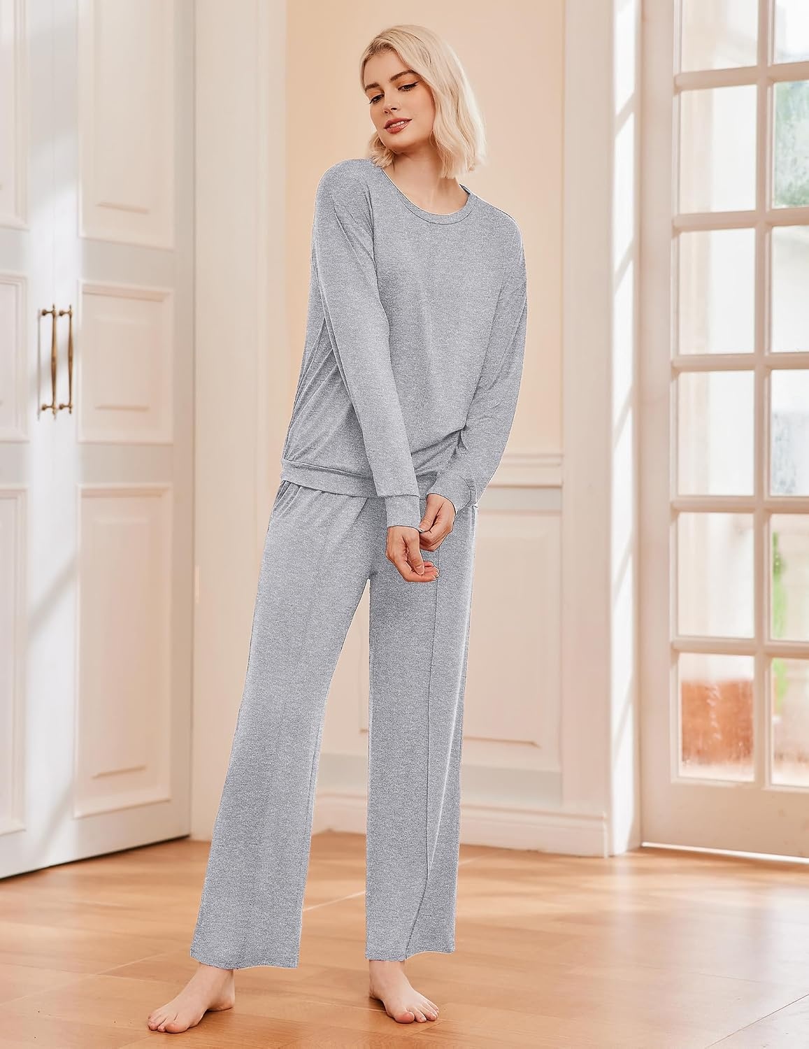 image:imageEkouaer Pajama Sets Women 2 Piece Long Sleeve Sleepwear Cozy Pjs LoungewearLight Grey