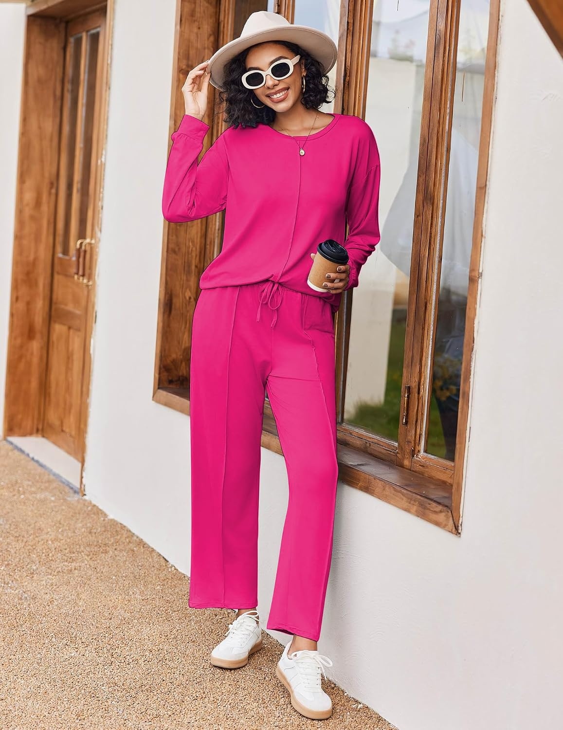 image:imageEkouaer Pajama Sets Women 2 Piece Long Sleeve Sleepwear Cozy Pjs LoungewearRose Red