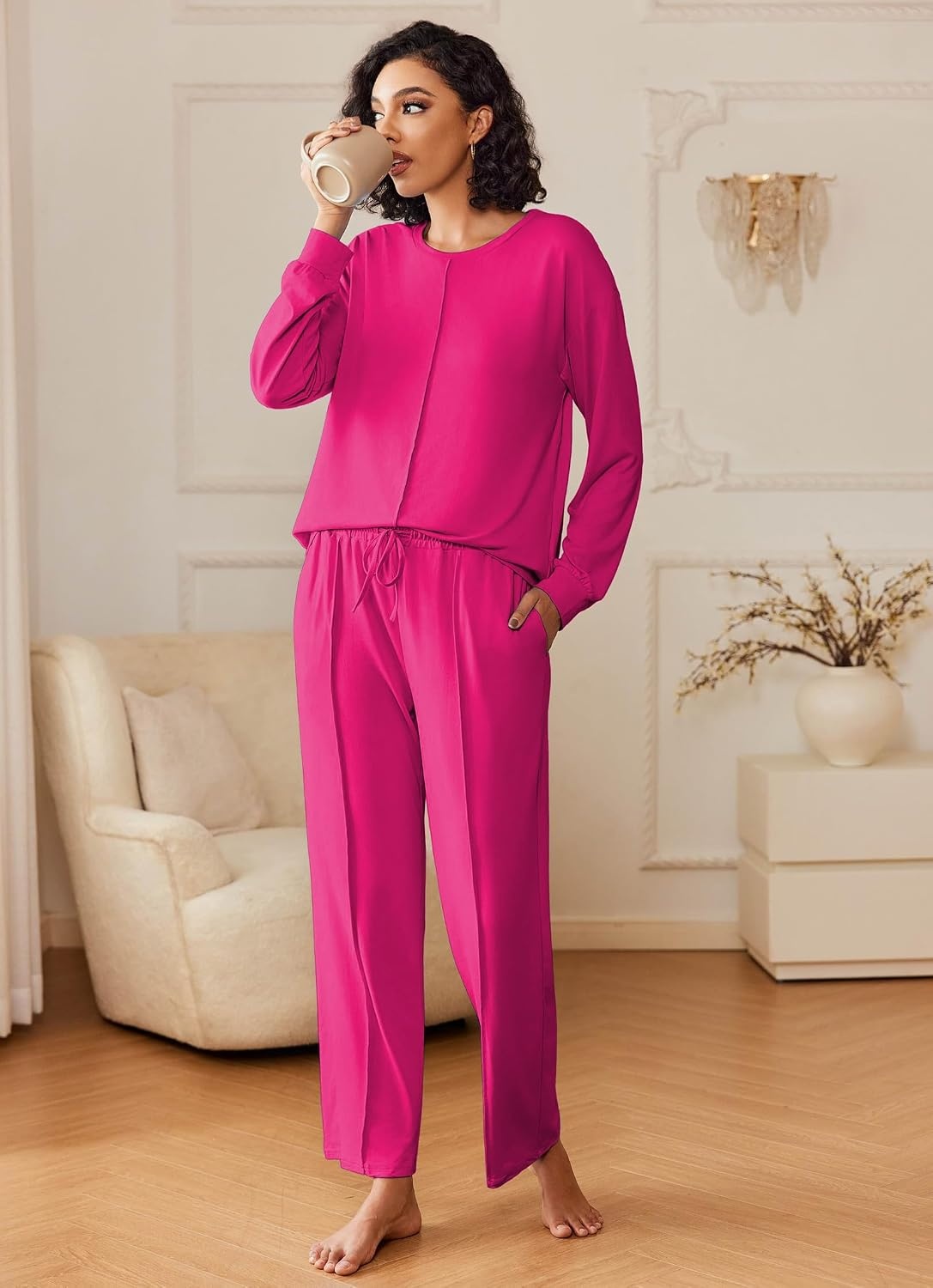 image:imageEkouaer Pajama Sets Women 2 Piece Long Sleeve Sleepwear Cozy Pjs LoungewearRose Red