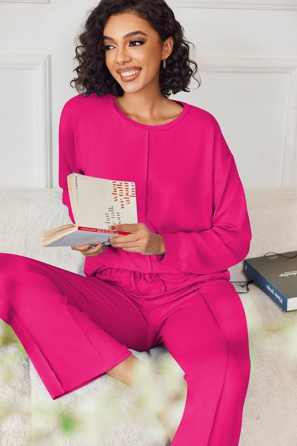 image:imageEkouaer Pajama Sets Women 2 Piece Long Sleeve Sleepwear Cozy Pjs LoungewearRose Red