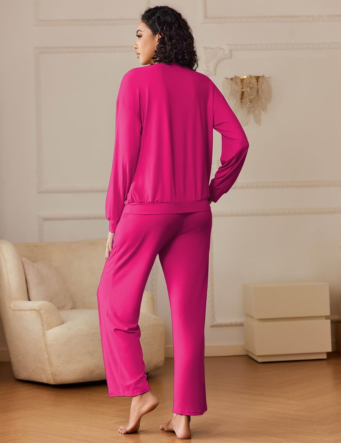image:imageEkouaer Pajama Sets Women 2 Piece Long Sleeve Sleepwear Cozy Pjs LoungewearRose Red