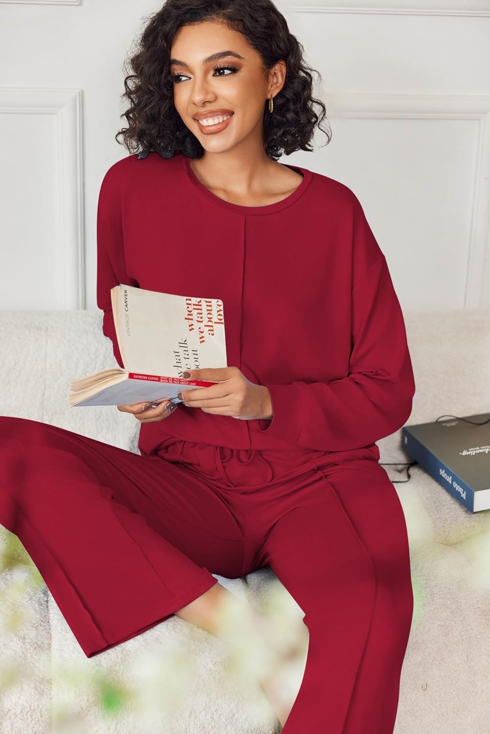 image:imageEkouaer Pajama Sets Women 2 Piece Long Sleeve Sleepwear Cozy Pjs LoungewearWine