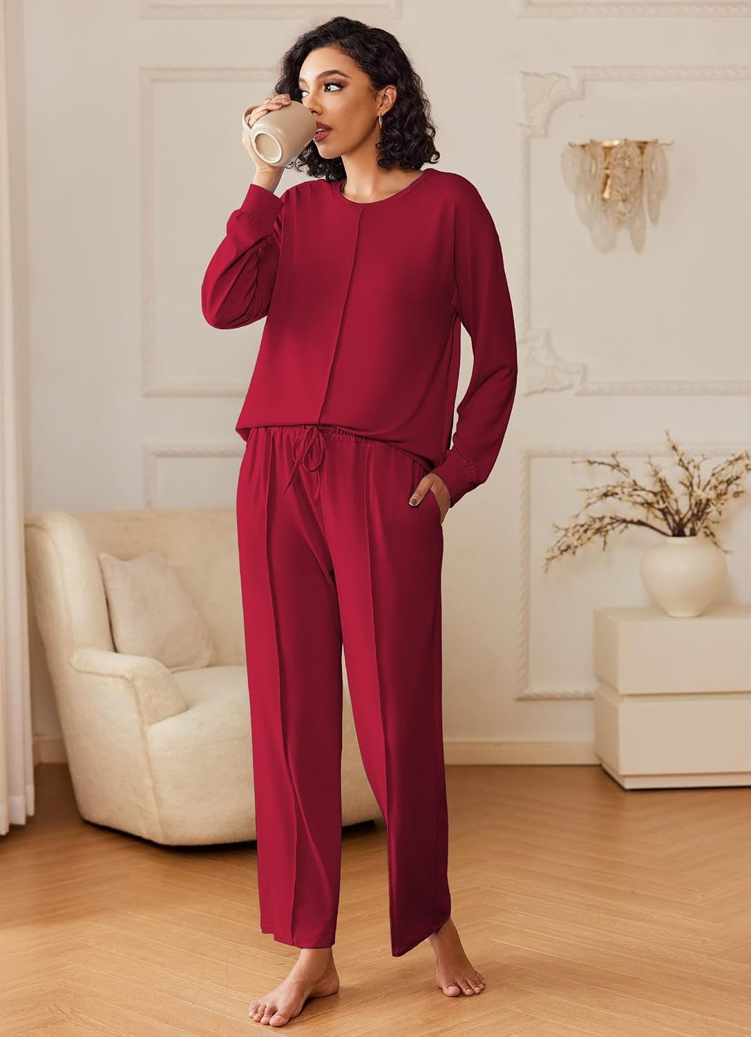 image:imageEkouaer Pajama Sets Women 2 Piece Long Sleeve Sleepwear Cozy Pjs LoungewearWine