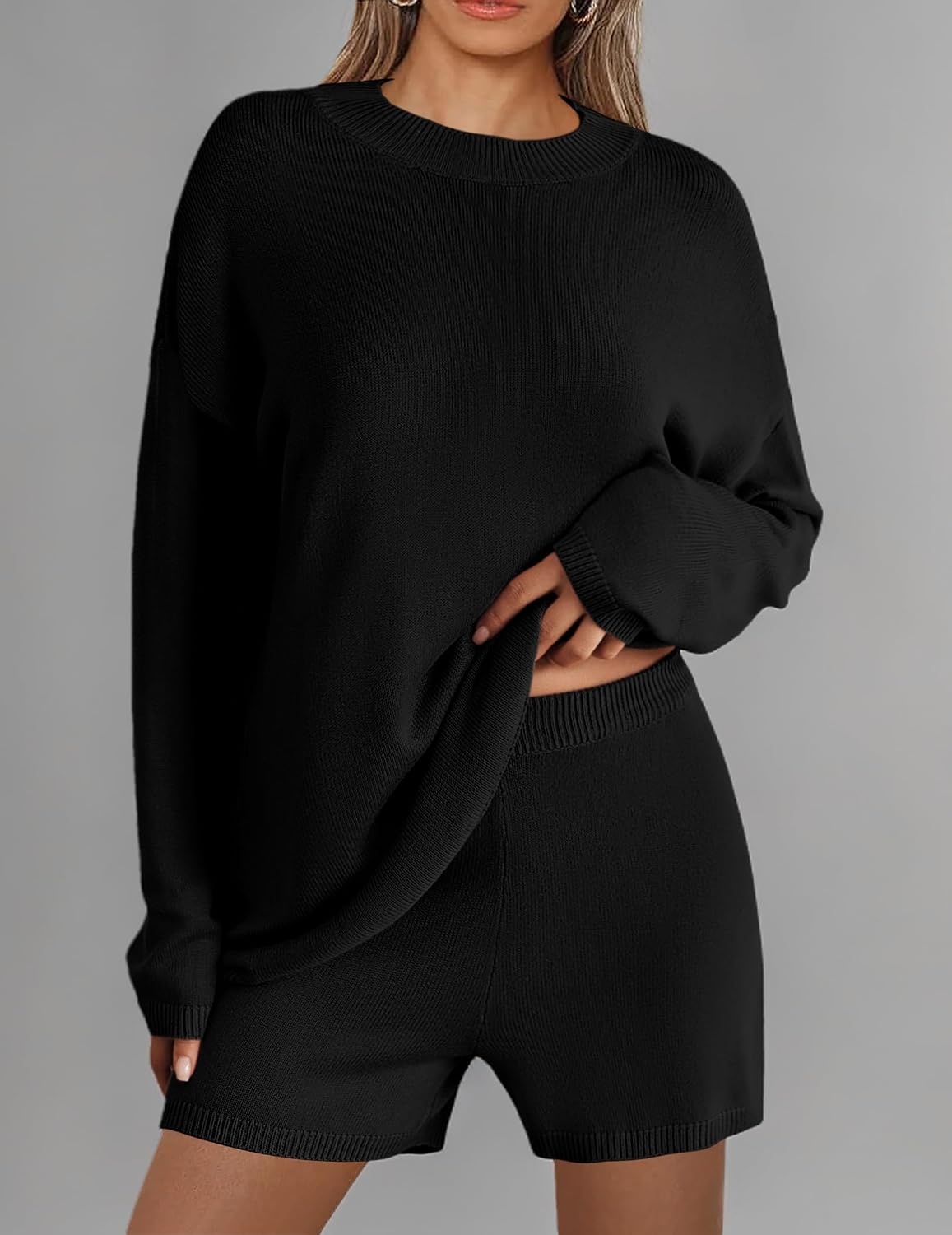 image:imageEkouaer Pajamas Womens 2 Piece Lounge Set Cozy Knit Long Sleeve Sweater Shorts Set Oversized Matching OutfitsBlack