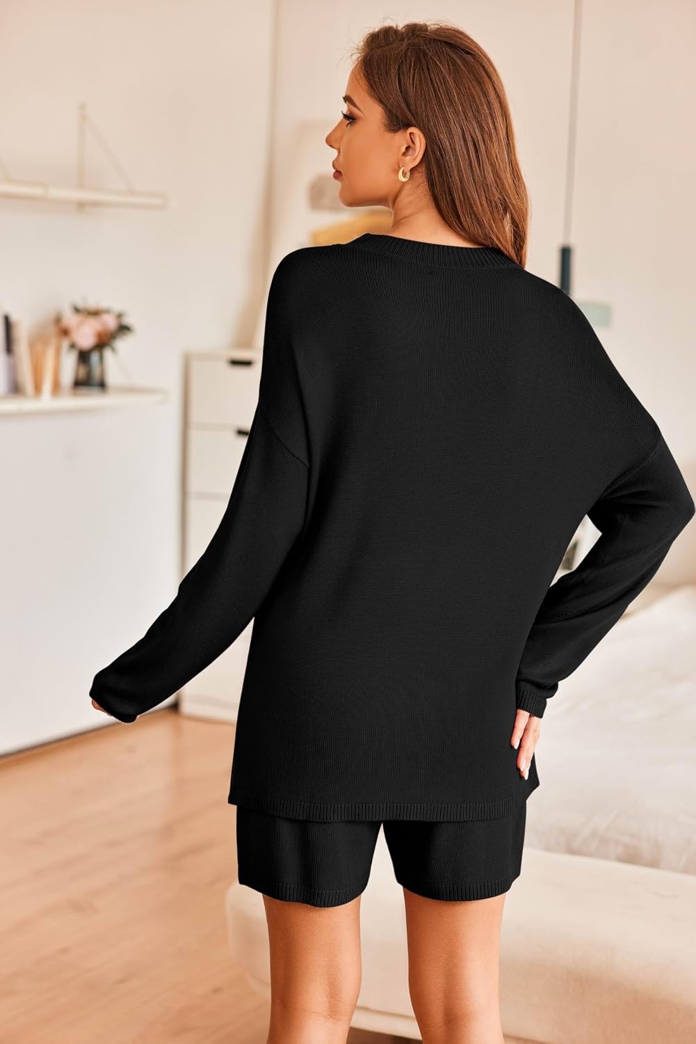 image:imageEkouaer Pajamas Womens 2 Piece Lounge Set Cozy Knit Long Sleeve Sweater Shorts Set Oversized Matching OutfitsBlack