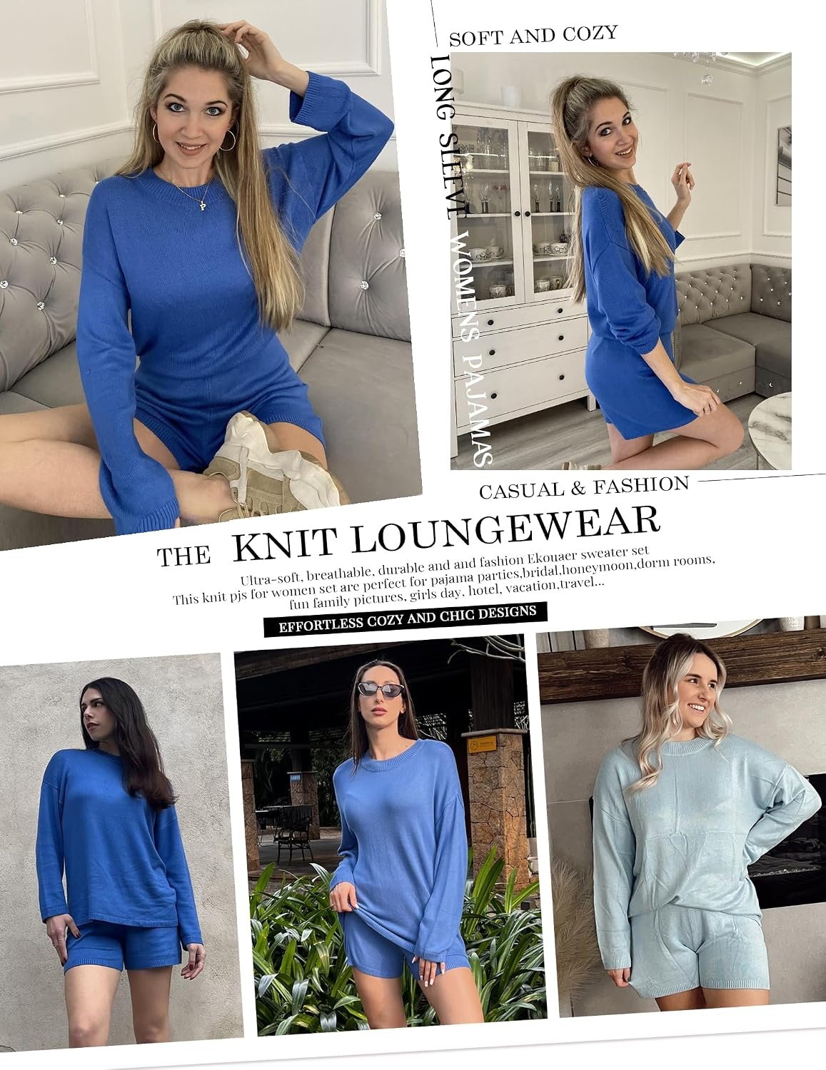 image:imageEkouaer Pajamas Womens 2 Piece Lounge Set Cozy Knit Long Sleeve Sweater Shorts Set Oversized Matching OutfitsBlack