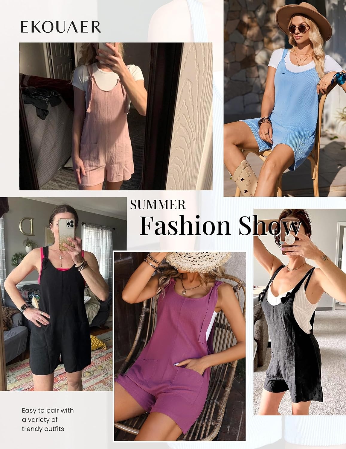image:imageEkouaer Rompers for Women 2026 Fashion Ribbed Knit Jumpsuit Scoop Neck Loose Outfit Wide Leg Summer One Piece ShortallsBlack